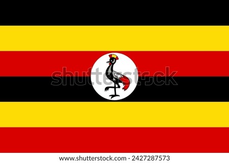 Close-up of black, yellow, red and white national flag of African country of Uganda with bird. Illustration made February 18th, 2024, Zurich, Switzerland.