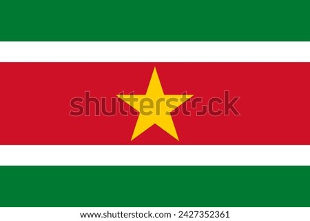 Close-up of green, white, red and yellow national flag of South American country of Suriname with star. Illustration made February 19th, 2024, Zurich, Switzerland.