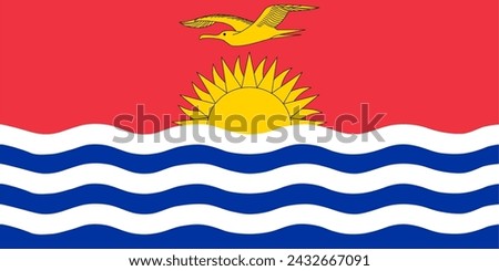 Close-up of red, yellow, blue and white national flag of Oceanian country of Kiribati with seagull, sun and waves. Illustration made March 2nd, 2024, Zurich, Switzerland.