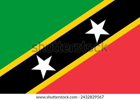 Close-up of green, yellow, black and white national flag of Caribbean country of Saint Kitts and Nevis with white stars. Illustration made March 3rd, 2024, Zurich, Switzerland.