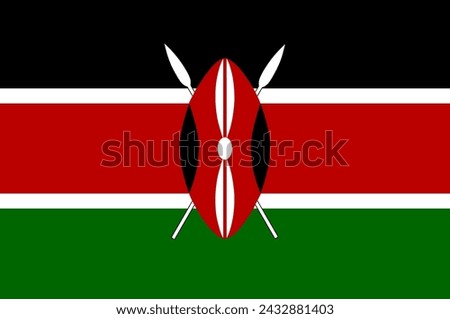 Close-up of black, white, red and green national flag of African country of Kenya with shield and spears. Illustration made February 14th, 2024, Zurich, Switzerland.