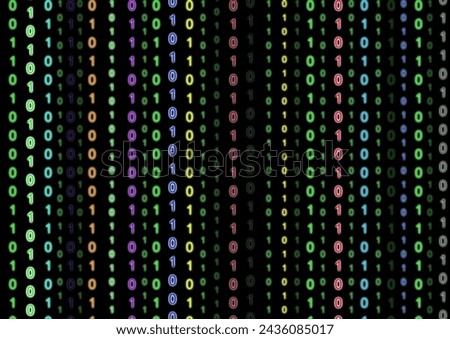 Black computer screen with columns and rows of colorful binary numbers in different colors and densities. Illustration made March 11th, 2024, Zurich, Switzerland.