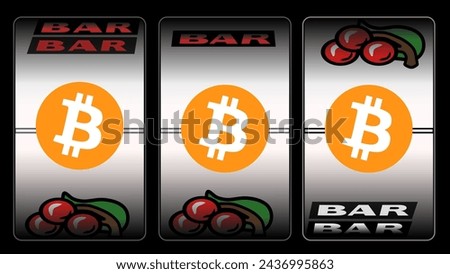 Illustration with close-up of display of slot machine with jackpot with three bitcoin icons. Illustration made March 10th, 2024, Zurich, Switzerland.