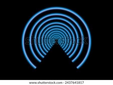 Diminishing perspective of blue neon light circles building tunnel shape against black background. Illustration made March 14th, 2024, Zurich, Switzerland.