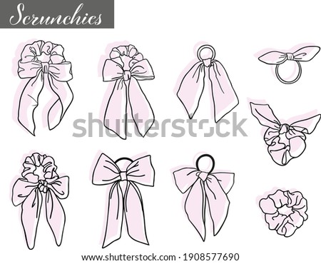 Collection of different doodled outline vector scrunchies with seperate backgrounds, editable. Vsco girly trend.