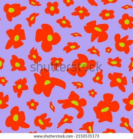 Retro flower power seamless repeat pattern. Random placed, vector bent 70s floral heads all over surface print on lilac background.