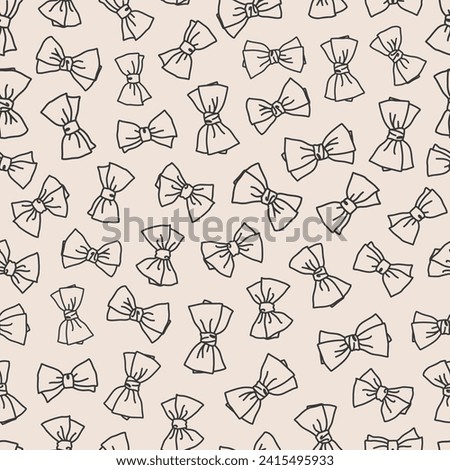 Hand drawn, bows seamless repeat pattern. Random placed, vector ribbon accessoires outlines aop all over surface print on beige background.