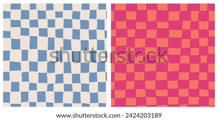 Set of irregular colorful check seamless repeat pattern. Vector, rectangled geometric shapes, grid aop all over surface print in blue white and orange pink.