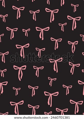 Cute pink bows seamless repeat pattern on black background. Trendy, retro hand drawn, vector ribbon aop, all over surface print. 