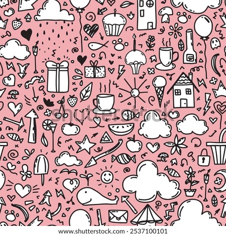 Hand drawn clip art seamless repeat pattern on pink background. Cute, vector doodles aop, all over surface print.