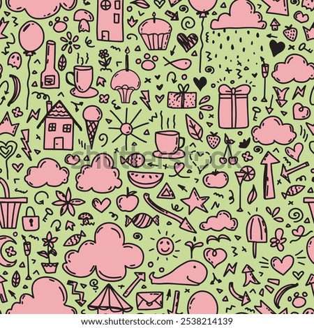 Fun, cute doodled seamless repeat pattern. Hand drawn, vector drawings like clouds, weather, food, drinks and more aop, all over surface print on lime green background.