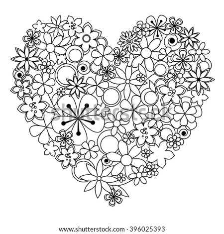 Vector Decorative Heart Made Of Black An White Flowers For Coloring ...
