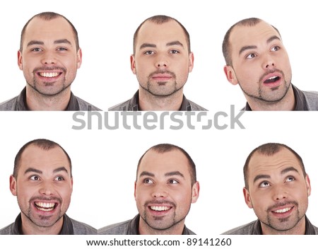 Young Man Face Expressions Composite Isolated On White Background Stock ...