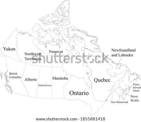 White vector map of Canada with black borders and names of it's provinces and territories