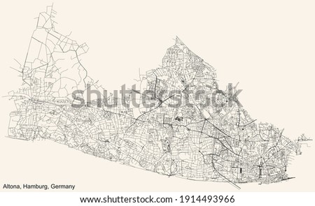 Black simple detailed street roads map on vintage beige background of the neighbourhood Altona borough (bezirk) of the Free and Hanseatic City of Hamburg, Germany