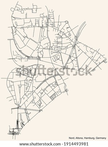 Black simple detailed street roads map on vintage beige background of the neighbourhood Altona-Nord quarter of the Altona borough (bezirk) of the Free and Hanseatic City of Hamburg, Germany