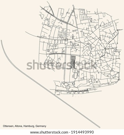 Black simple detailed street roads map on vintage beige background of the neighbourhood Ottensen quarter of the Altona borough (bezirk) of the Free and Hanseatic City of Hamburg, Germany
