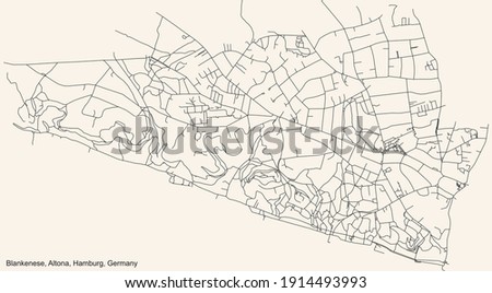 Black simple detailed street roads map on vintage beige background of the neighbourhood Blankenese quarter of the Altona borough (bezirk) of the Free and Hanseatic City of Hamburg, Germany