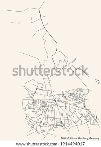 Black simple detailed street roads map on vintage beige background of the neighbourhood Sülldorf quarter of the Altona borough (bezirk) of the Free and Hanseatic City of Hamburg, Germany