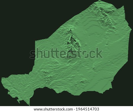 Topographic military radar tactical map of the Republic of Niger with emerald green contour lines on dark green background