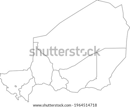 White blank vector map of the Republic of Niger with black borders of its regions