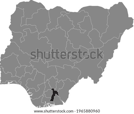 Black highlighted location map of the Nigerian Abia state inside gray map of the Republic of Nigeria