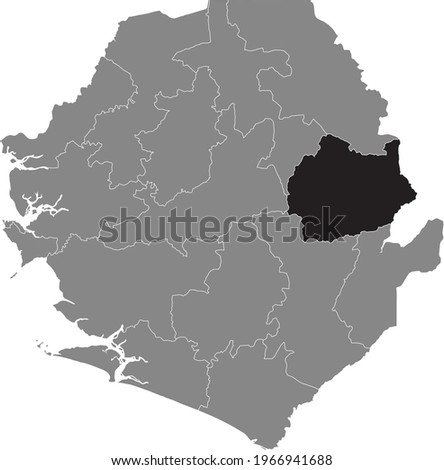 Black highlighted location map of the Sierra Leonean Kono district inside gray map of the Republic of Sierra Leone