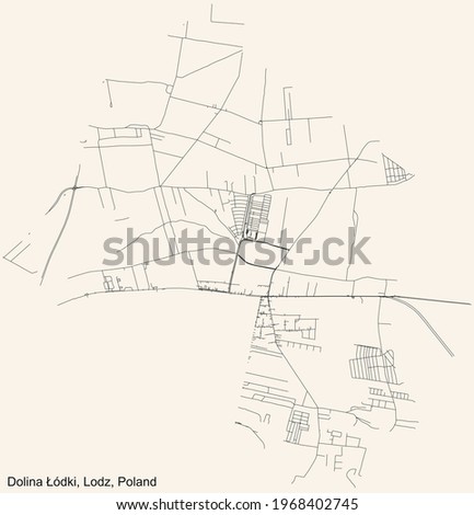 Black simple detailed street roads map on vintage beige background of the quarter Dolina Łódki district of Lodz, Poland