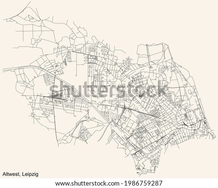 Black simple detailed street roads map on vintage beige background of the quarter Old West (Alt-West) district of Leipzig, Germany