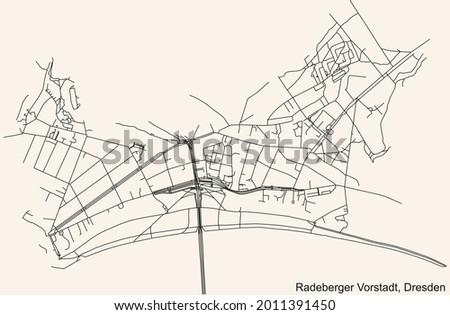 Black simple detailed street roads map on vintage beige background of the neighbourhood Radeberger Vorstadt quarter of Dresden, Germany
