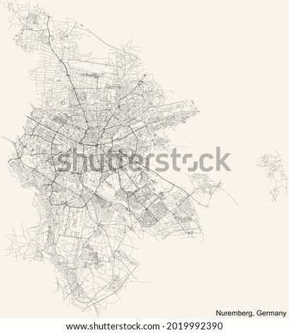 Black simple detailed street roads map on vintage beige background of Nuremberg, Germany