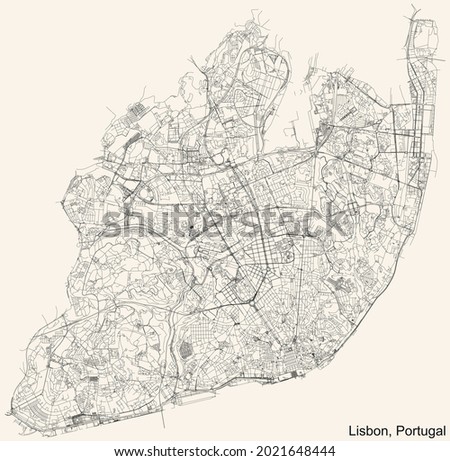 Black simple detailed street roads map on vintage beige background of the civil parishes, quarters and districts of Lisbon, Portugal