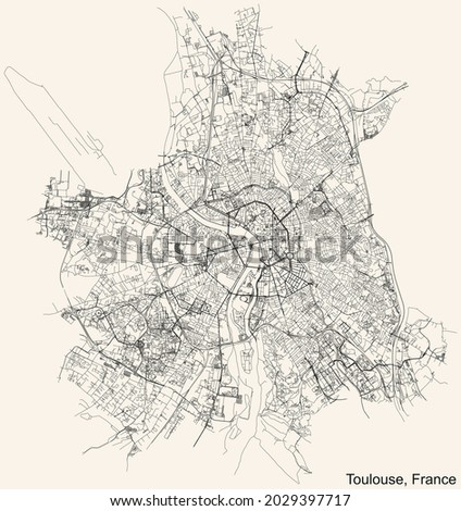 Black simple detailed street roads map on vintage beige background of Toulouse, France