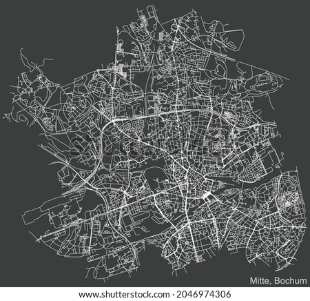 Detailed negative navigation urban street roads map on dark gray background of the quarter Bochum-Mitte district of the German regional capital city of Bochum, Germany