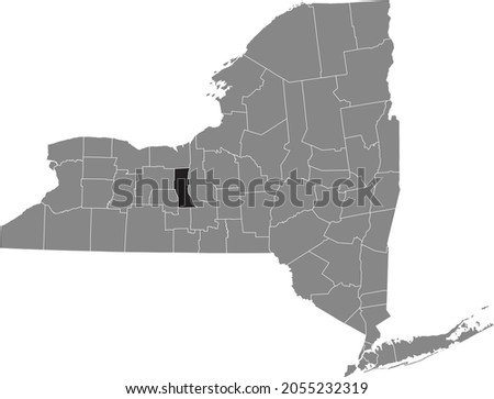 Black highlighted location map of the Seneca County inside gray map of the Federal State of New York, USA