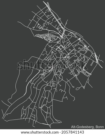 Detailed negative navigation urban street roads map on dark gray background of the quarter Alt-Godesberg sub-district of the German capital city of Bonn, Germany