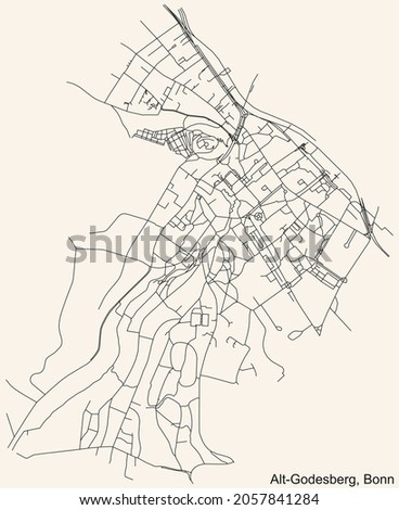 Detailed navigation urban street roads map on vintage beige background of the quarter Alt-Godesberg sub-district of the German capital city of Bonn, Germany