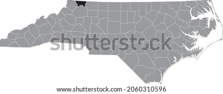 Black highlighted location map of the Alleghany County inside gray administrative map of the Federal State of North Carolina, USA