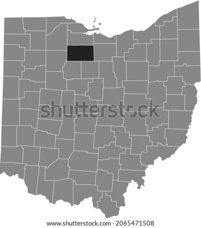 Black highlighted location map of the Seneca County inside gray administrative map of the Federal State of Ohio, USA