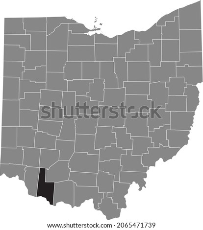 Black highlighted location map of the Brown County inside gray administrative map of the Federal State of Ohio, USA