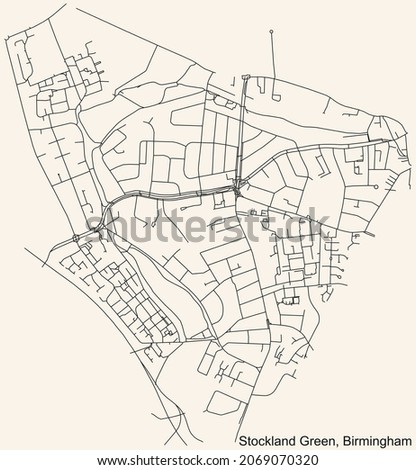Detailed navigation urban street roads map on vintage beige background of the quarter Stockland Green  neighborhood of the English regional capital city of Birmingham, United Kingdom