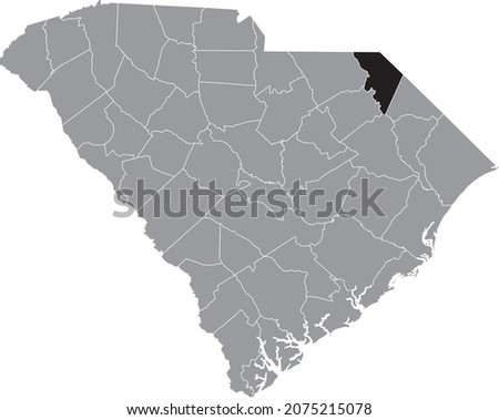 Black highlighted location map of the Marlboro County inside gray administrative map of the Federal State of South Carolina, USA