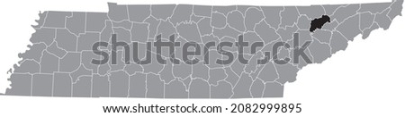 Black highlighted location map of the Grainger County inside gray administrative map of the Federal State of Tennessee, USA
