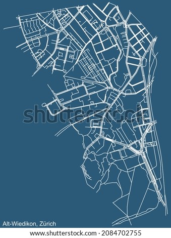 Detailed technical drawing navigation urban street roads map on blue background of the district Alt-Wiedikon Quarter of the Swiss regional capital city of Zurich, Switzerland