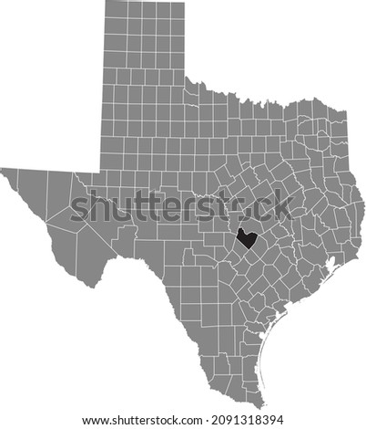 Black highlighted location map of the Travis County inside gray administrative map of the Federal State of Texas, USA