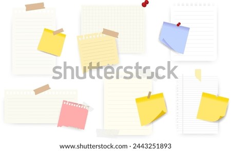 Paper notes, notepad pages, stickers. Sheets of note paper secured with clear tape and a paper clip. Vector EPS 10	