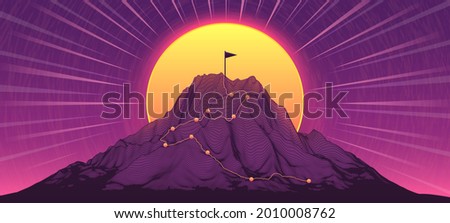 Climbing path to mountain peak. Journey route, sucess flag on top and goal reach vector illustration