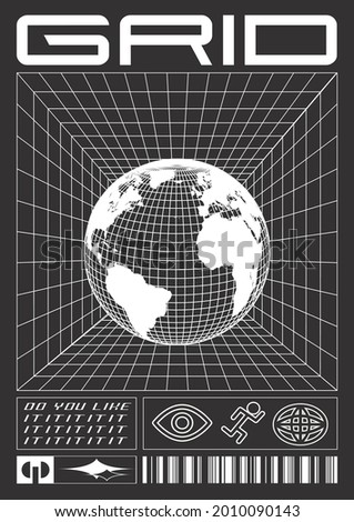Abstract grid poster. Acid graphic style, rave, mesh, text design, planet earth isolated on black background.