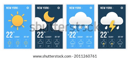 Weather forecast widget. Sunny, Cloudy, Snow, Rainy, weather app templates. In paper style