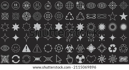 Big collection of abstract retro elements. In Acid Graphic style, templates for your projects, set of trendy vector objects